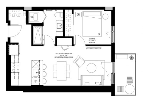 Floor plan for 1 bed, 1 bath, 610 sqft